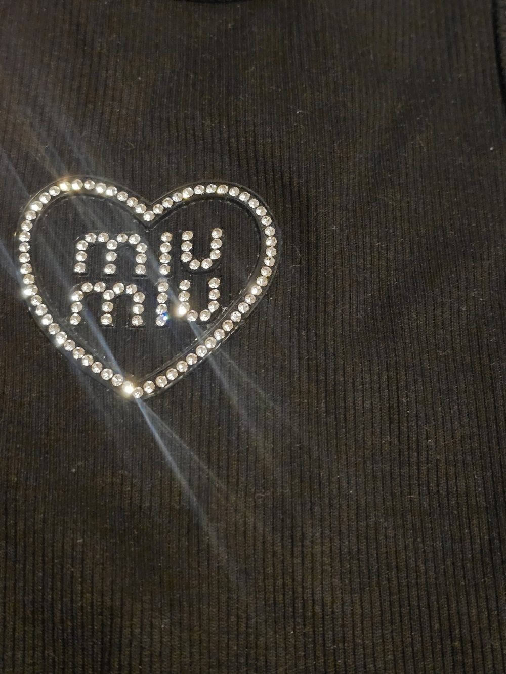 Miu Miu Black Ribbed Tank with Crystal Heart Logo - Picture 3 of 6